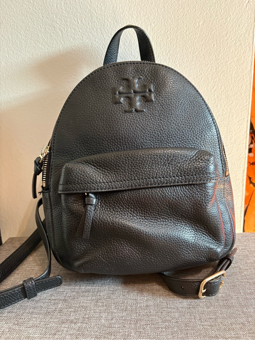 Tory Burch Black Pebbled Leather Mini Backpack with Gold-Tone Hardware